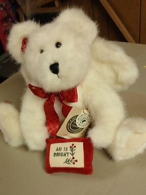 Boyds Bears White Plush Holiday Bear with Red Ribbon and Pillow